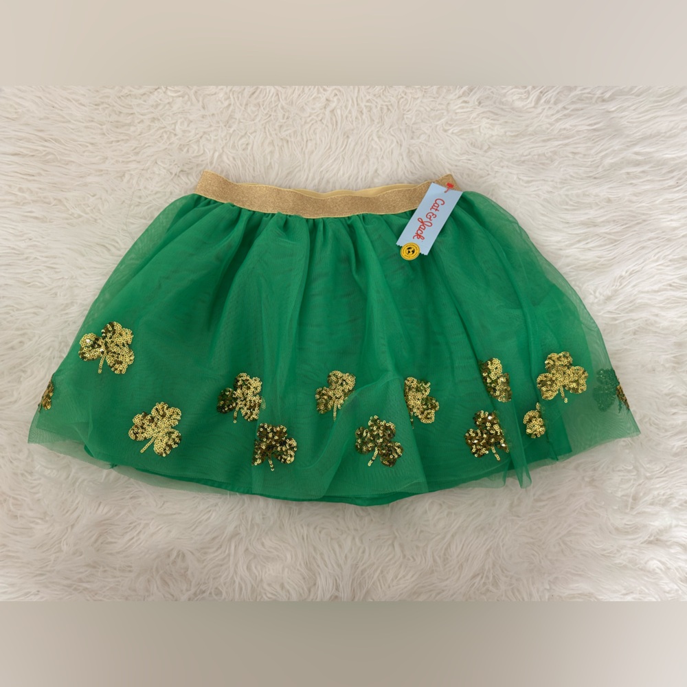 Cat & Jack Green Tutu Gold Shamrock Clover Skirt St Patrick's Day Girls L(10/12)